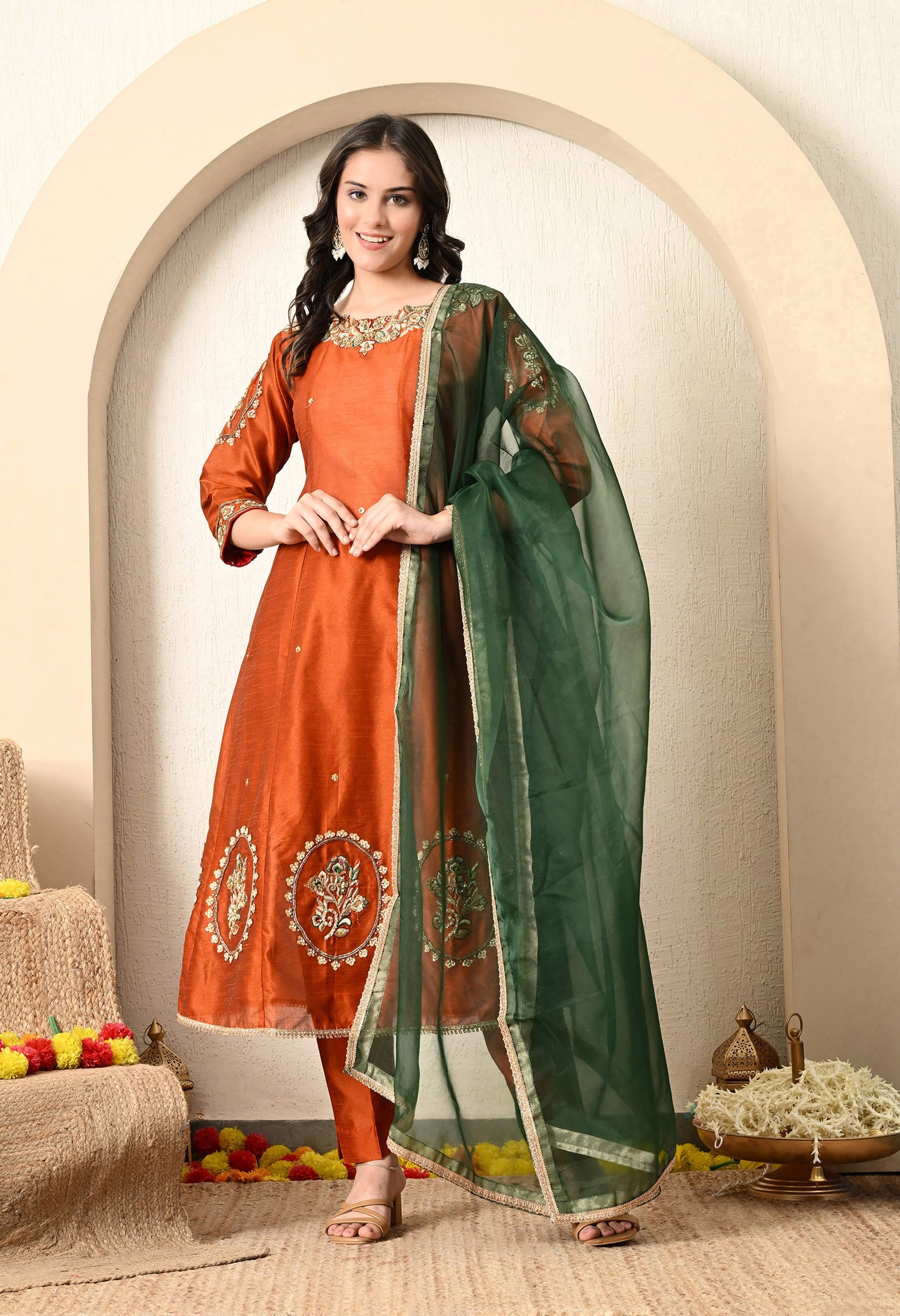 Golden Brown Anarkali Set with Zardozi, Dabka, Sequence, and Thread Work