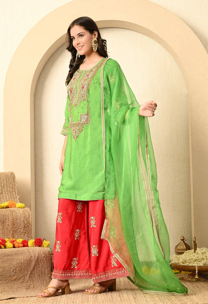 Parrot Green Kurta Set with Zardozi, Stone, and Sequence Work