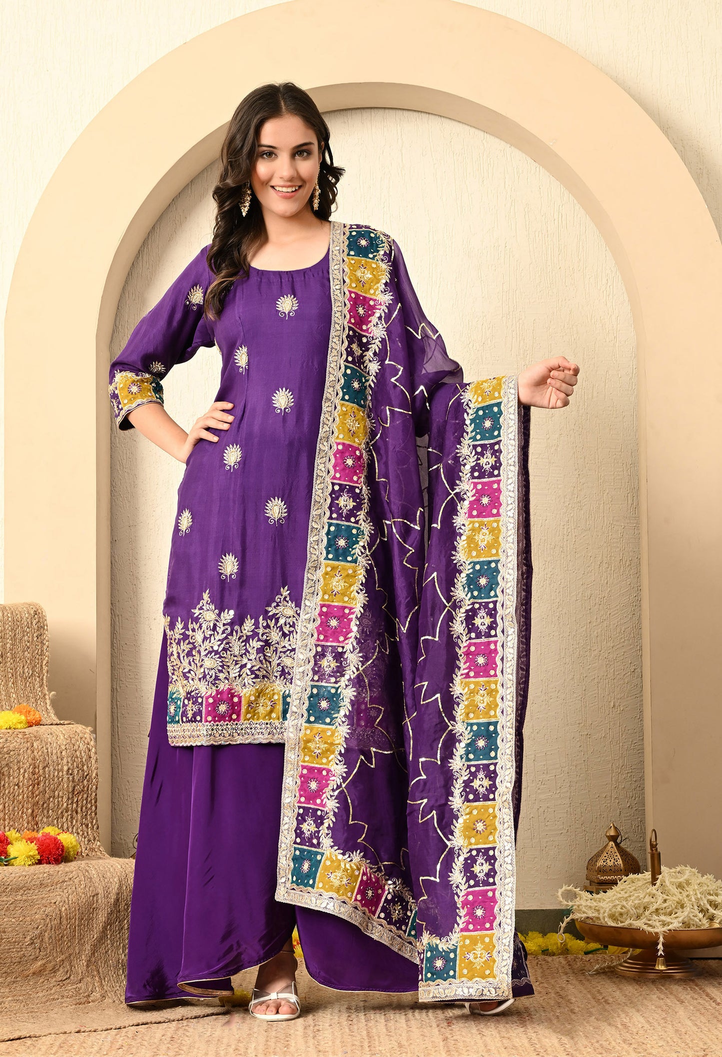 Bright Purple Kurta Set with Zardozi, Sequence, Cutdana, and Naqshi Work