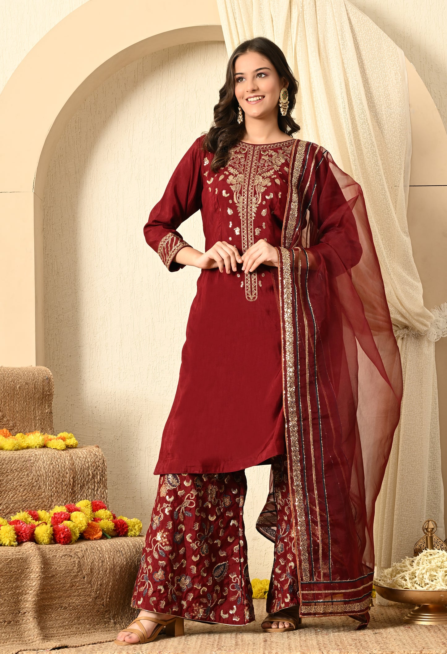 Red Maroon Sharara Set with Thread, Zari, and Sequence Work