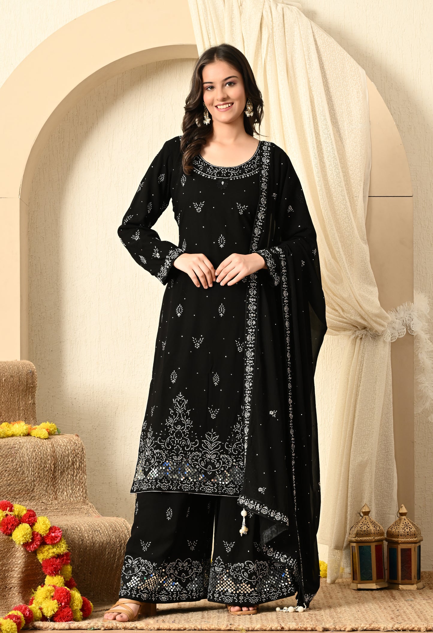 Black Sharara Set with Beautiful Thread and Mirror Work