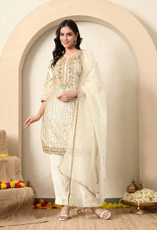 Golden Cream Kurta Set with Gotta, Thread, Zardozi, and Sequence Work