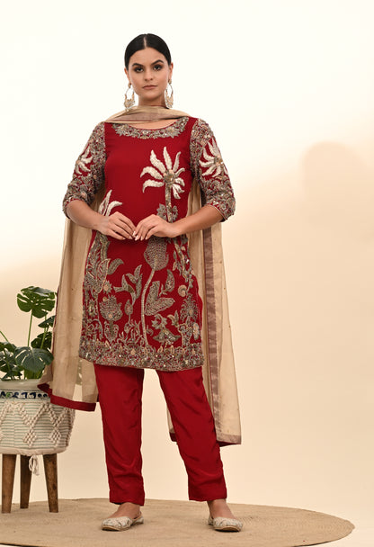 Rich Reddish Maroon Kurta Set with Zardozi Embroidery