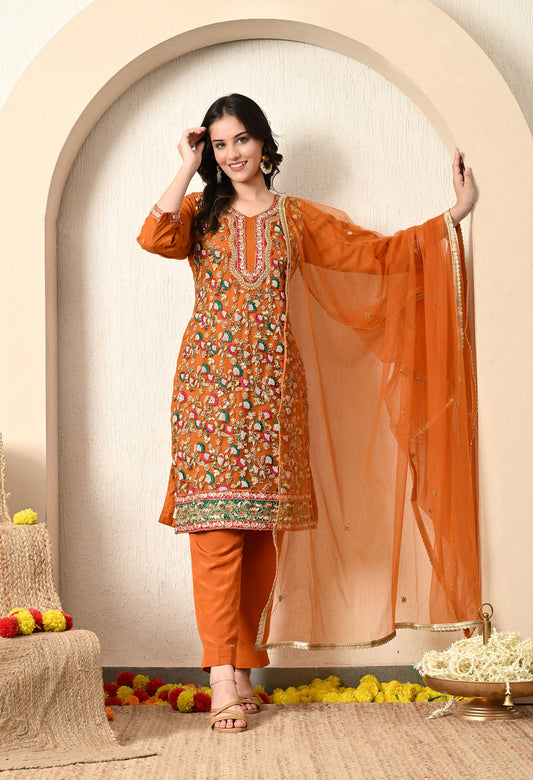 Yellowish Orange Kurta Set with Thread, Zardozi and Sequence Work