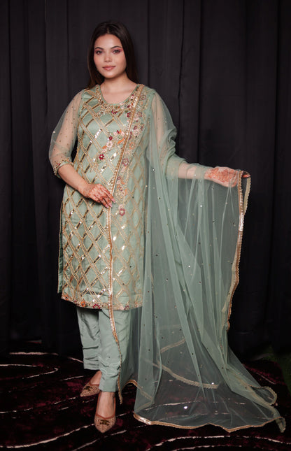 Subtle Light green Kurta Set with Beautiful Zardozi, Thread, and Sequence Work