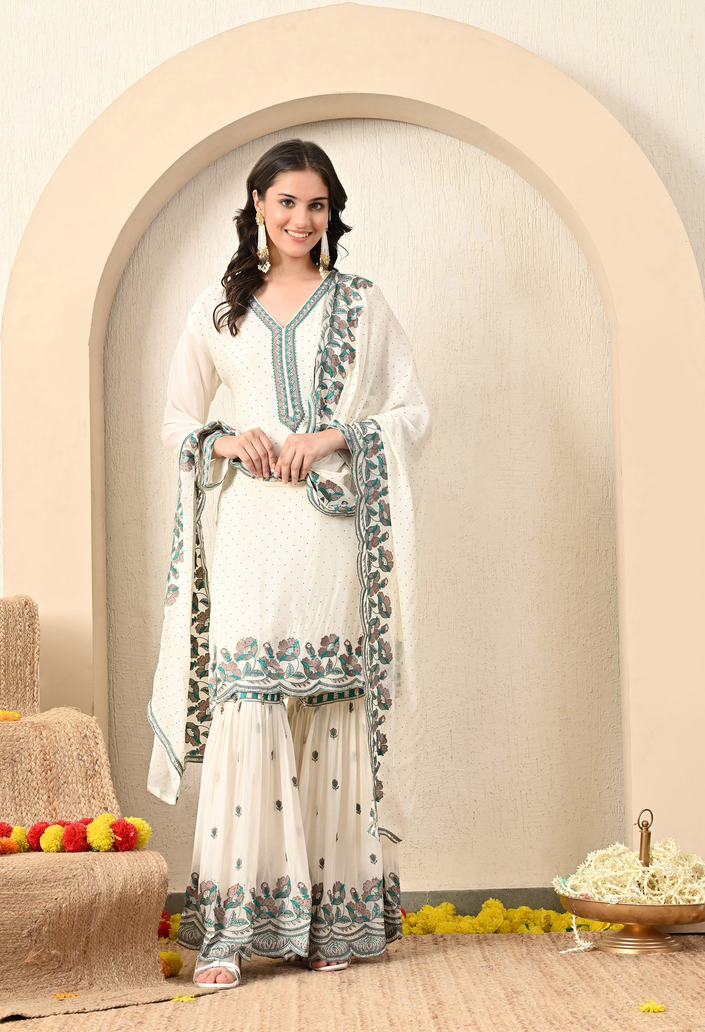 Off White Cream Sharara Set with Elegant Thread and Crystal Work