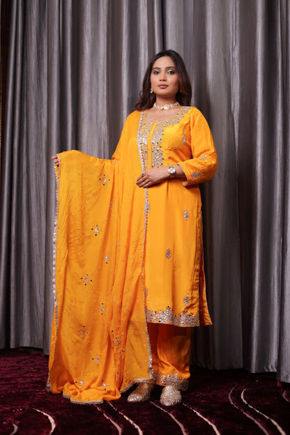 Bright Saffron Yellow Crepe Kurta Set with Zardozi and Gotta Embroidery