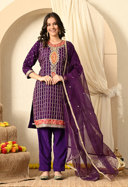 Royal Purple Kurta Set with Gotta, Thread, Applique and Zardozi Work