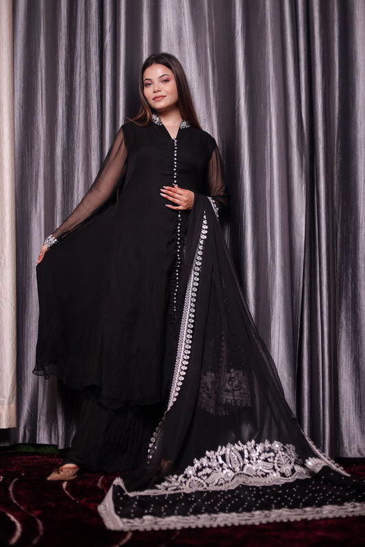 Mesmerising Black Sharara Set with Beautiful Thread & Pearl Work