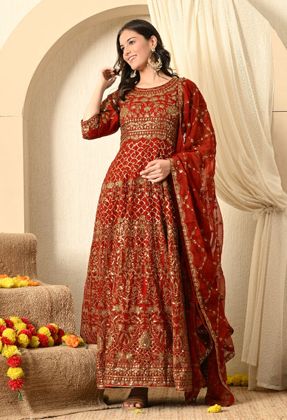 Maroon Red Anarkali with Exceptional Zardozi, Sequence and Zari Work