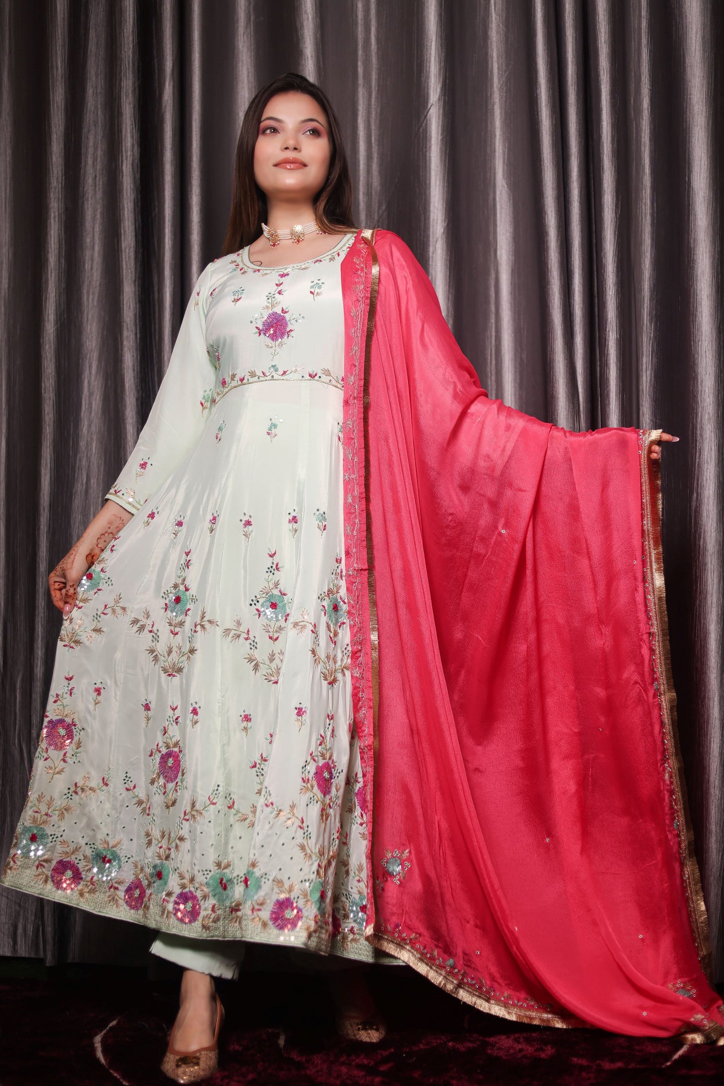 Elegant Light Green Anarkali Dress Adorned with Exquisite Zardozi Work