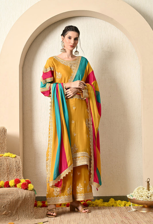 Mustard Yellow Kurta Set with Beautiful Thread and Zari Work