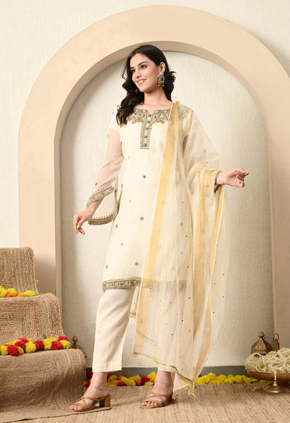 Cream Kurta Set with Zardozi, Crystal, Sequence and Pearl Work