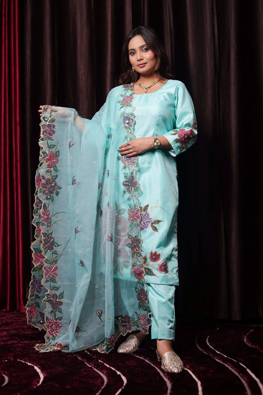 Turquoise Green Silk Kurta Set with Intricate Embroidery and Hand-Painted Detailing