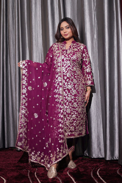 Regal Royal Purple Bamber Chiffon Kurta Set with LCD and Gotta Embroidery