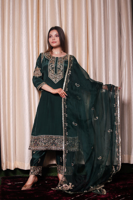 Mesmerising Bottle Green Kurta Set with Intricate Zardozi Work