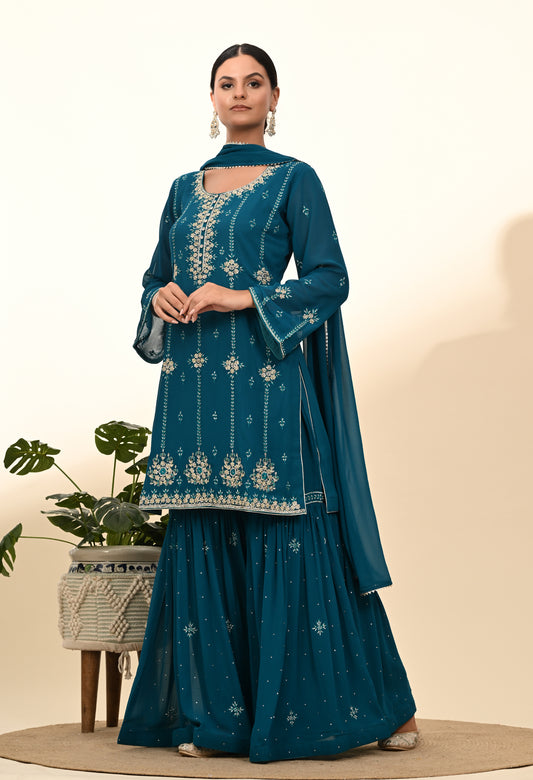 Striking Firozi Blue Georgette Sharara Set with Thread and Crystal Embroidery