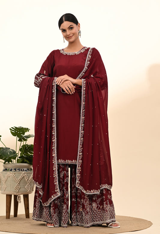 Rich Maroon Crepe Sharara Set with Thread and Sequin Embroidery