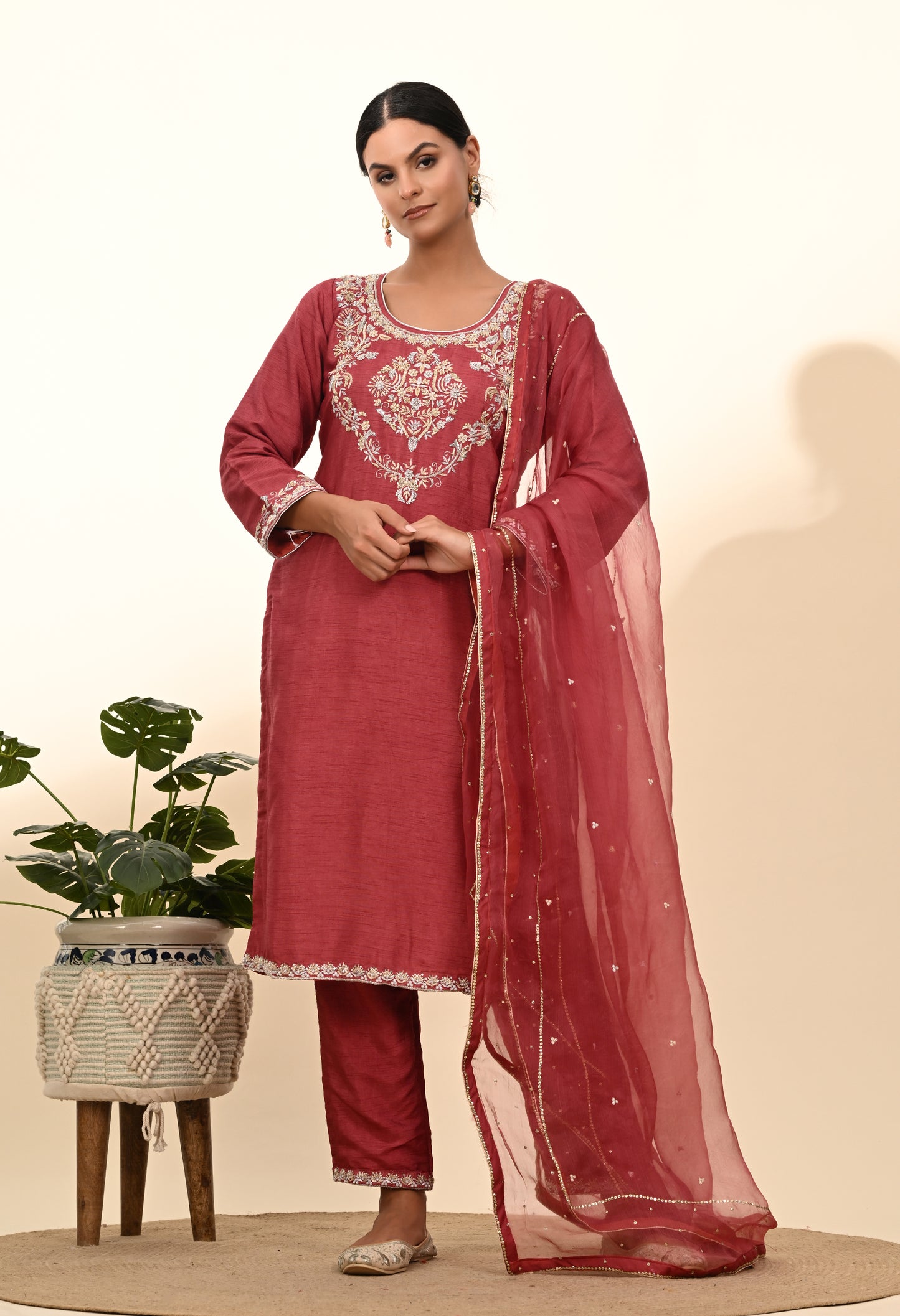 Warm Brown Red Silk Kurta Set with Zardozi Embroidery