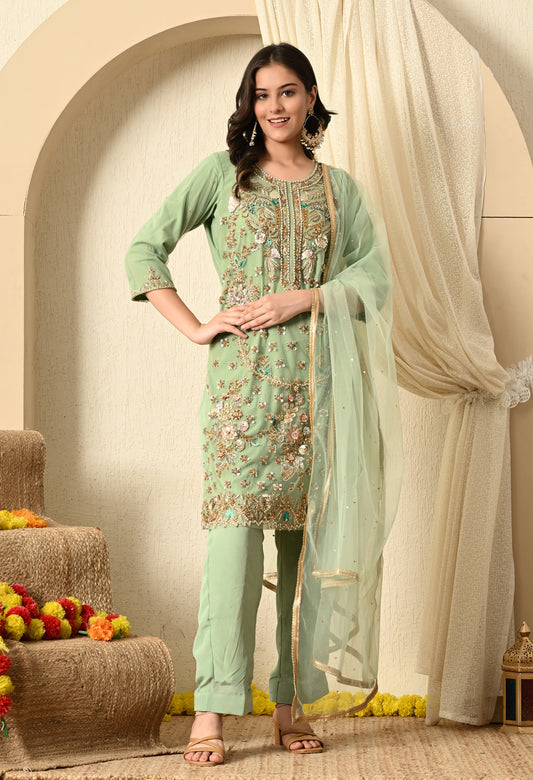 Light Green Kurta Set with Zardozi, Sequence, Pearl and Sippy Work