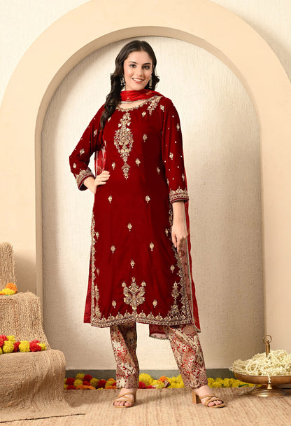 Maroon Red Kurta Set with Zardozi, Dabk, and Stone Work