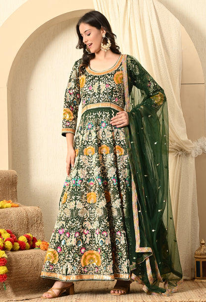 Bottle Green Anarkali with Zardozi, Sippy, Sequence, and Mirror Work