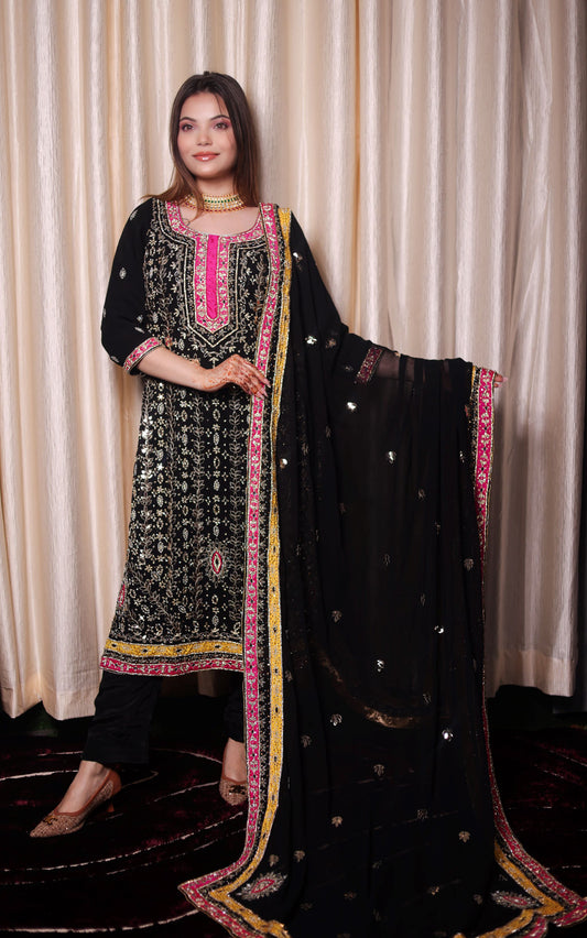 Stunning Black Kurta Set with Beautiful Zardozi, Applique, Leather, and Crystal Work