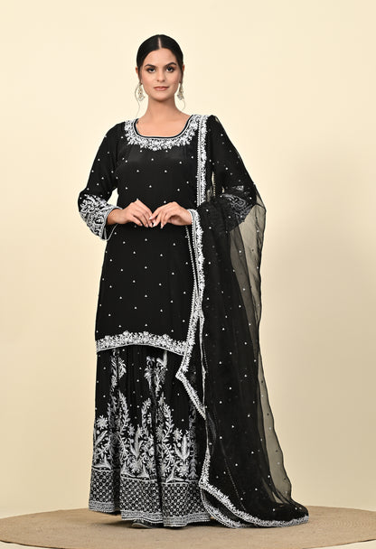 Sophisticated Black Sharara Set with Thread and Sequin Embroidery