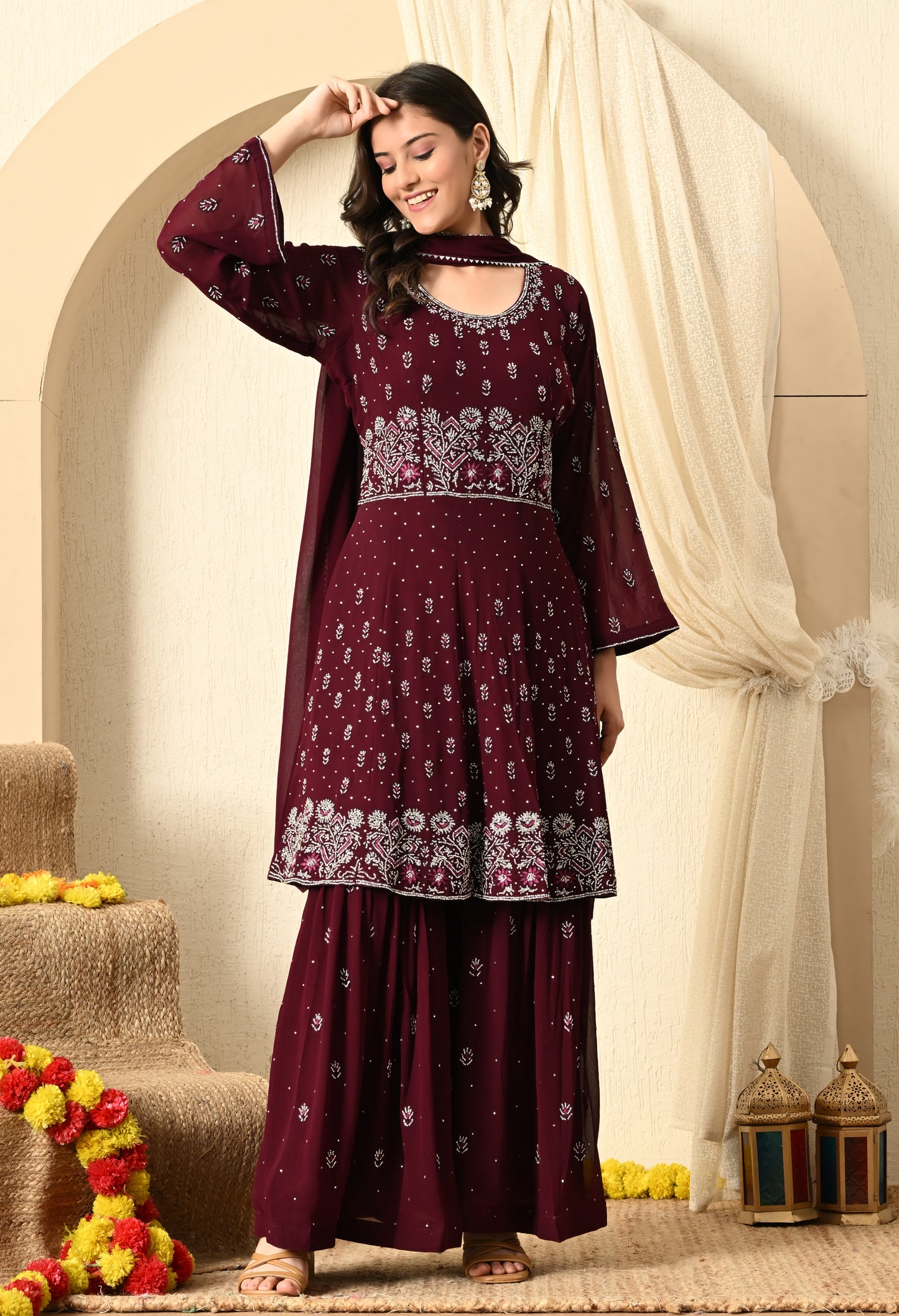 Dark Wine Sharara Set with Thread and Crystal Work