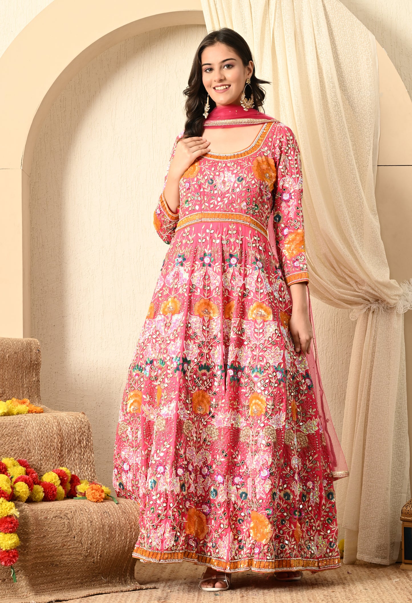 Dark Pink Anarkali with Zardozi, Sippy, Sequence, and Mirror Work