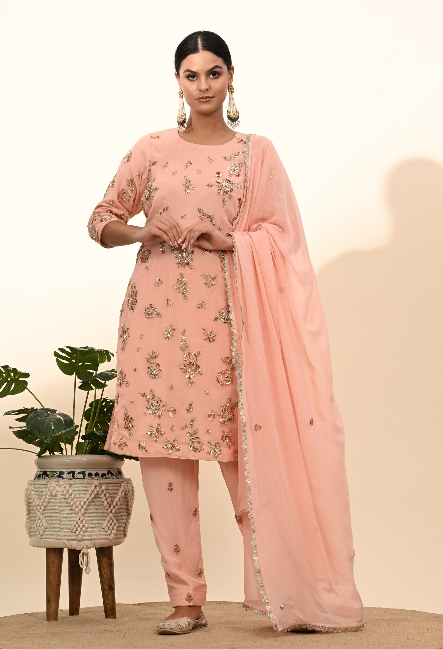 Soft Pink Peach Georgette Kurta Set with Mukaish and Zardozi Embroidery