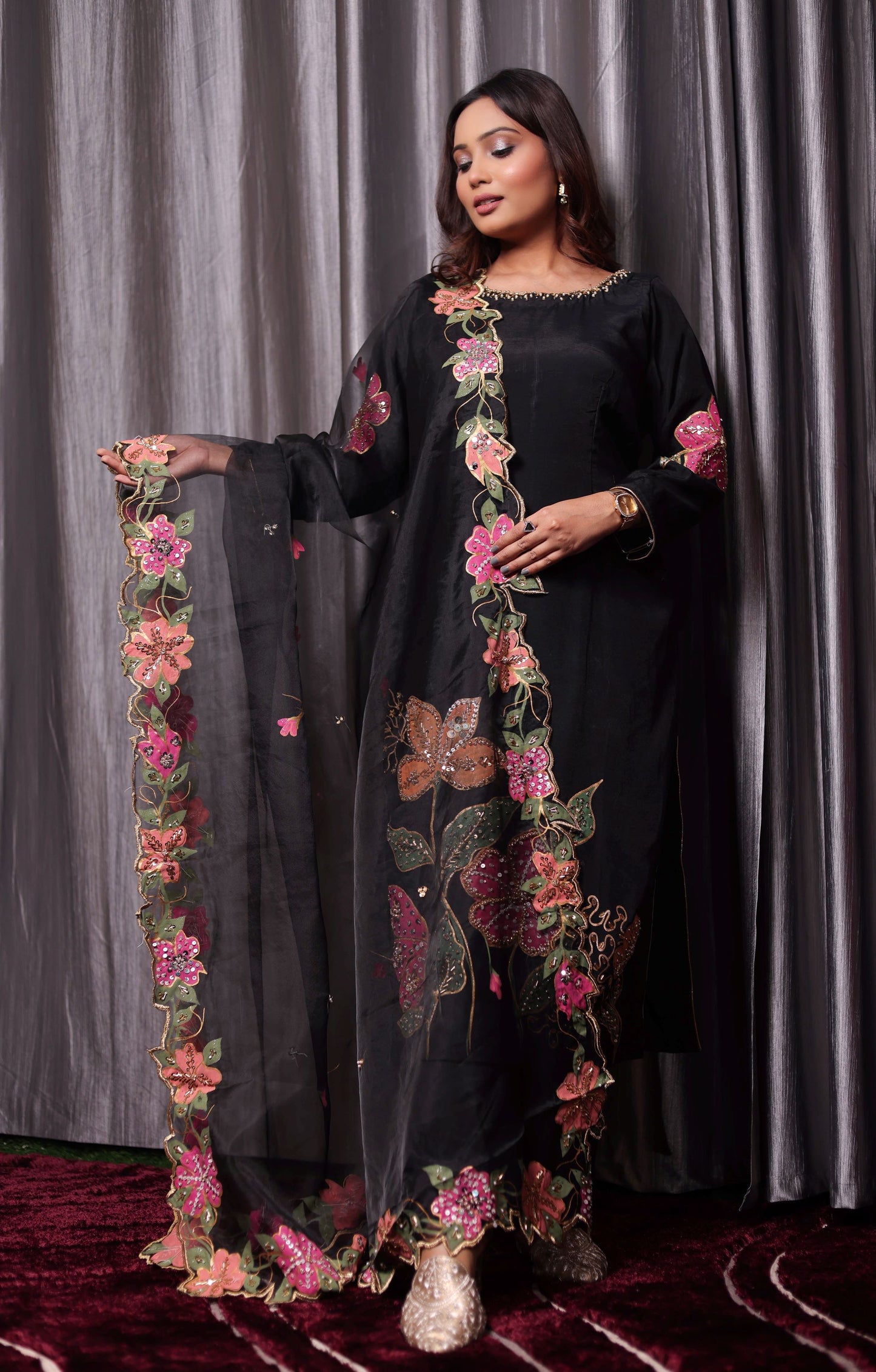 Black Silk Kurta Set with Intricate Embroidery and Hand-Painted Detailing