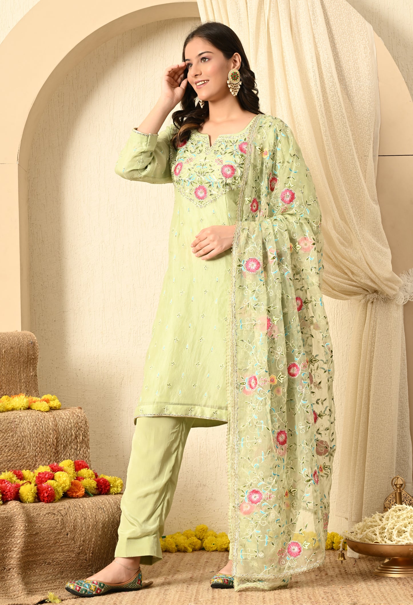 Light Green Kurta Set with Parsi, Thread & Crystal Work