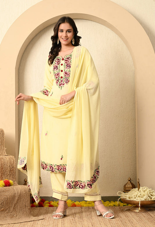 Custard Yellow Kurta Set with Thread and Parsi Work