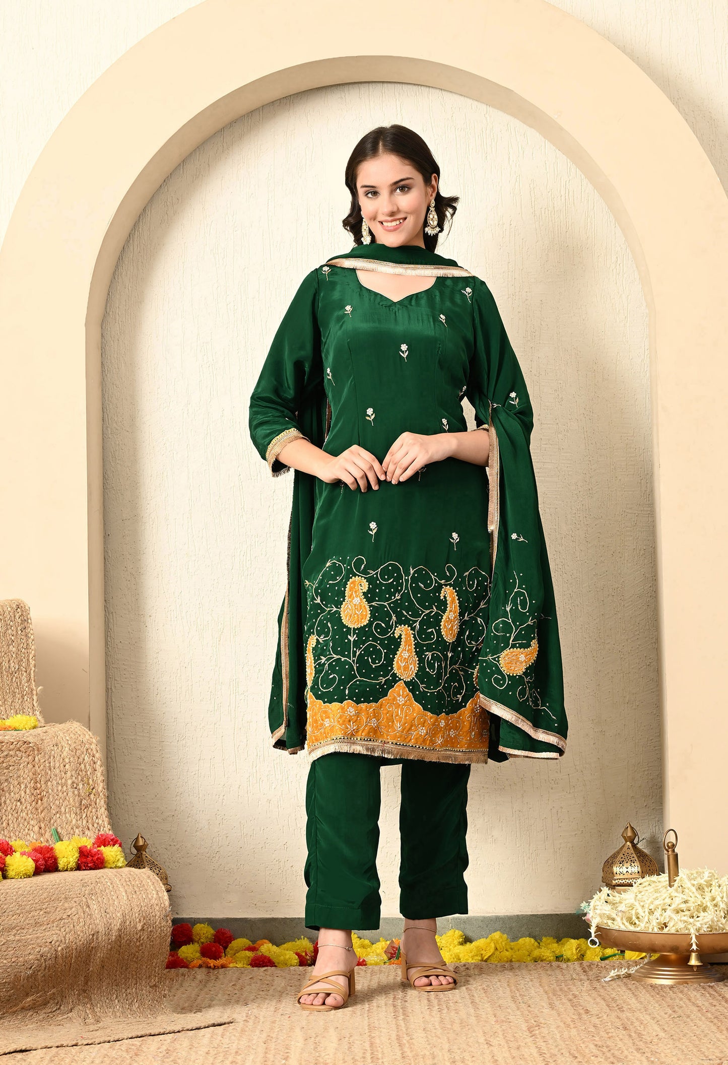 Bottle Green Kurta Set with Zardozi, Applique, and Sequence Work