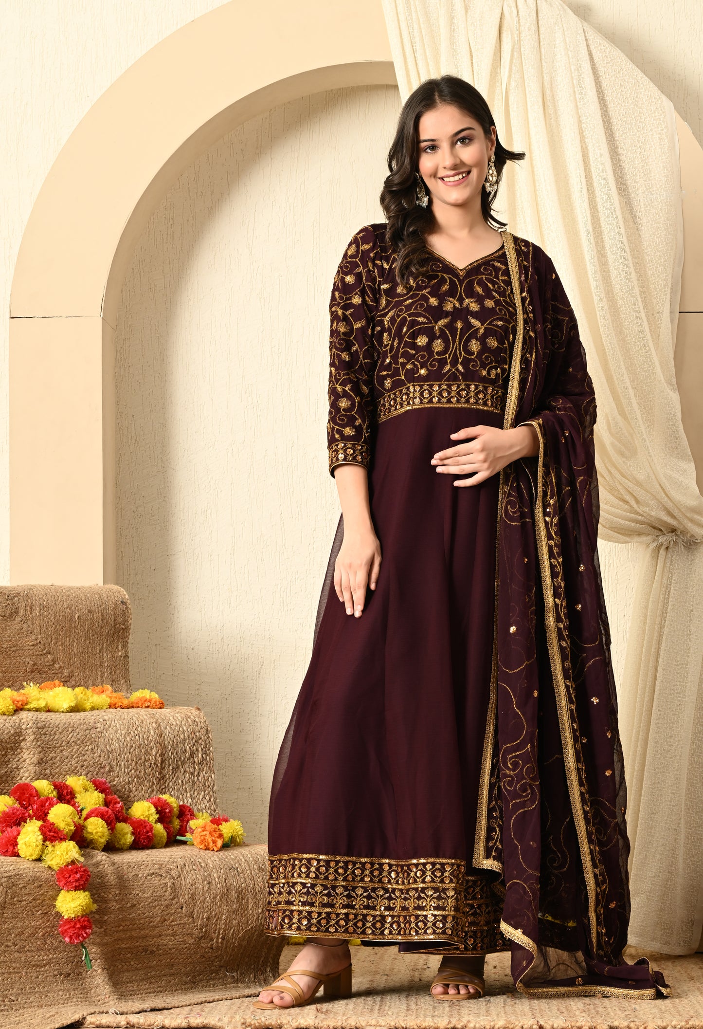 Dark Wine Anarkali  with Zardozi and Sequence Work