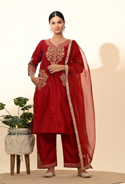 Deep Maroon Silk Kurta Set with Thread and Sequin Embroidery