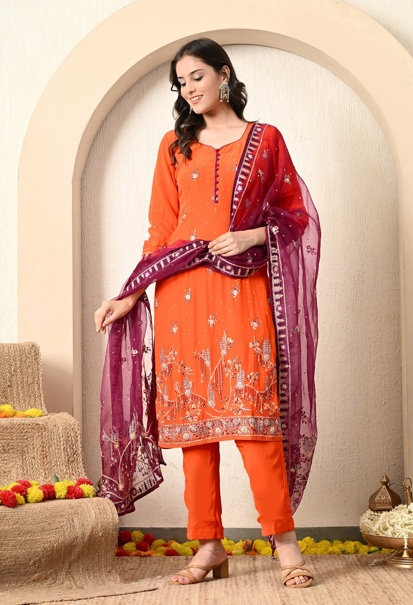 Orange Kurta Set with Zardozi, Sequence and Thread Work