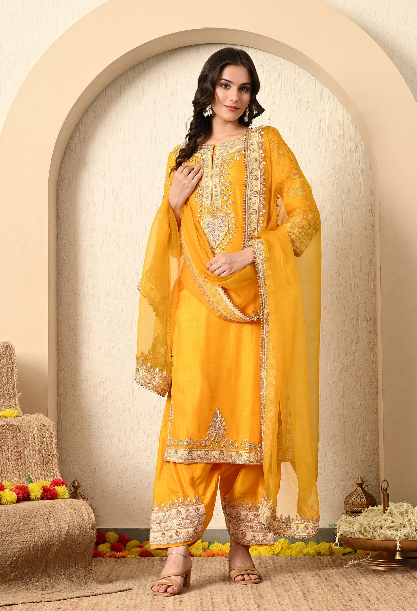 Saffron Yellow Kurta Set with Zardozi, Tilla, and Dabka Work