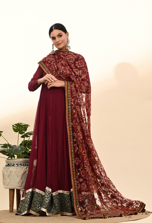 Elegant Reddish Maroon Chinon Anarkali with Embroidery