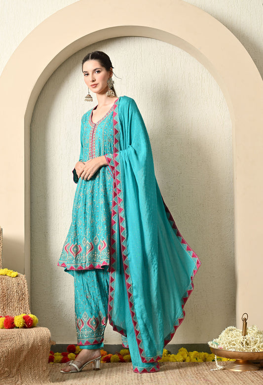 Light Blue Kurta Set with Exquisite Thread, Zari & Crystal Work