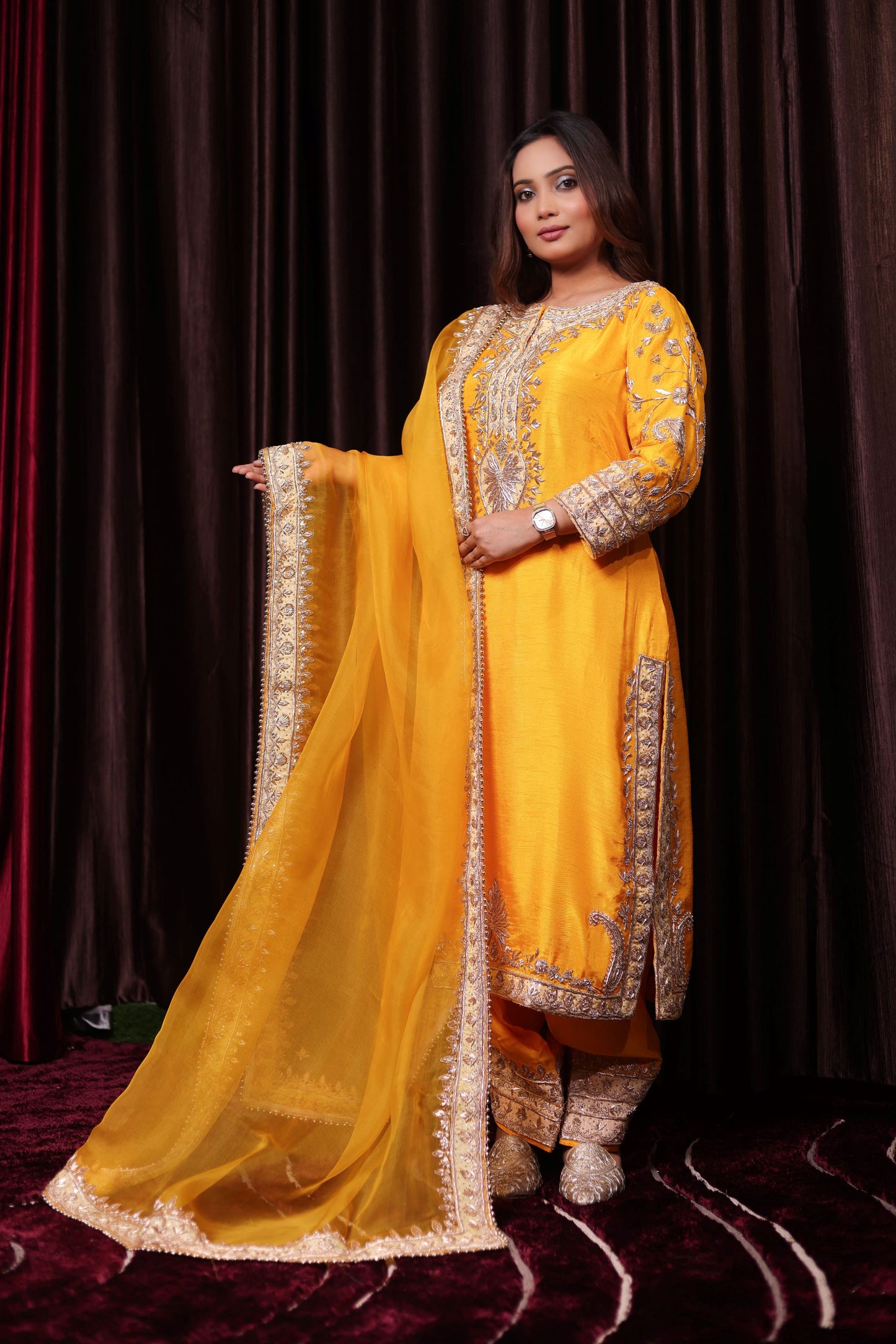 Elegant Saffron Yellow Silk Kurta Set with Intricate Embroidery