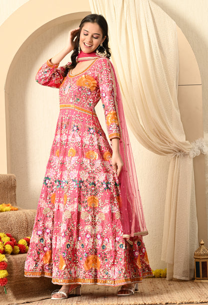 Dark Pink Anarkali with Zardozi, Sippy, Sequence, and Mirror Work