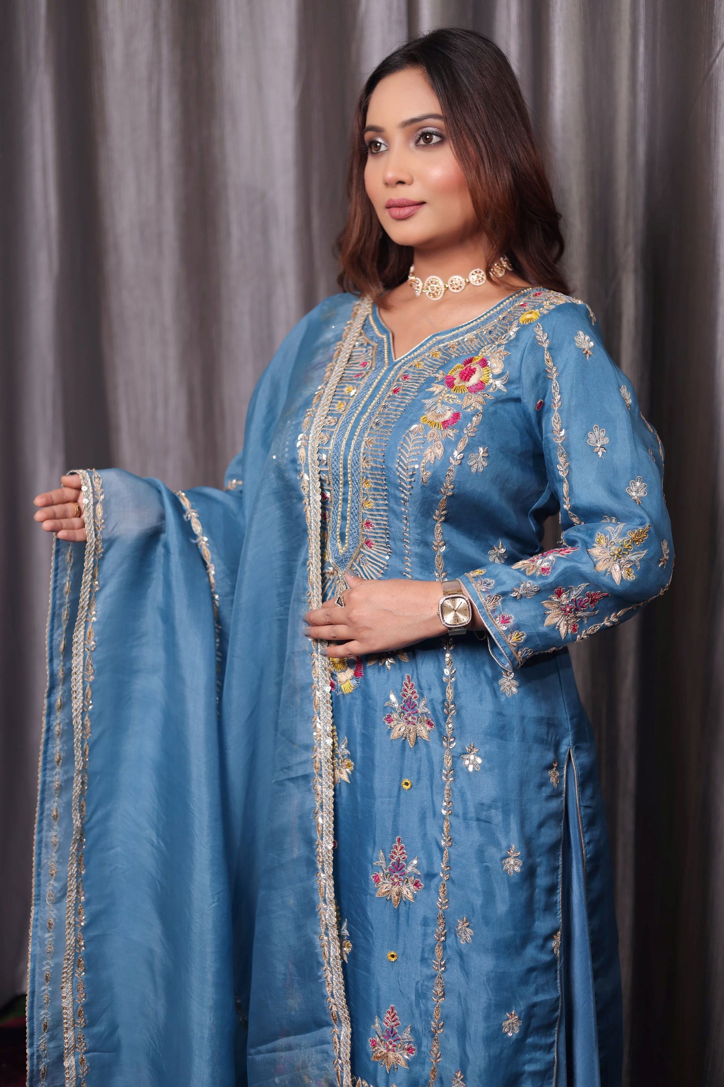 Sophisticated French Blue Organza Kurta Set with Exquisite Embroidery