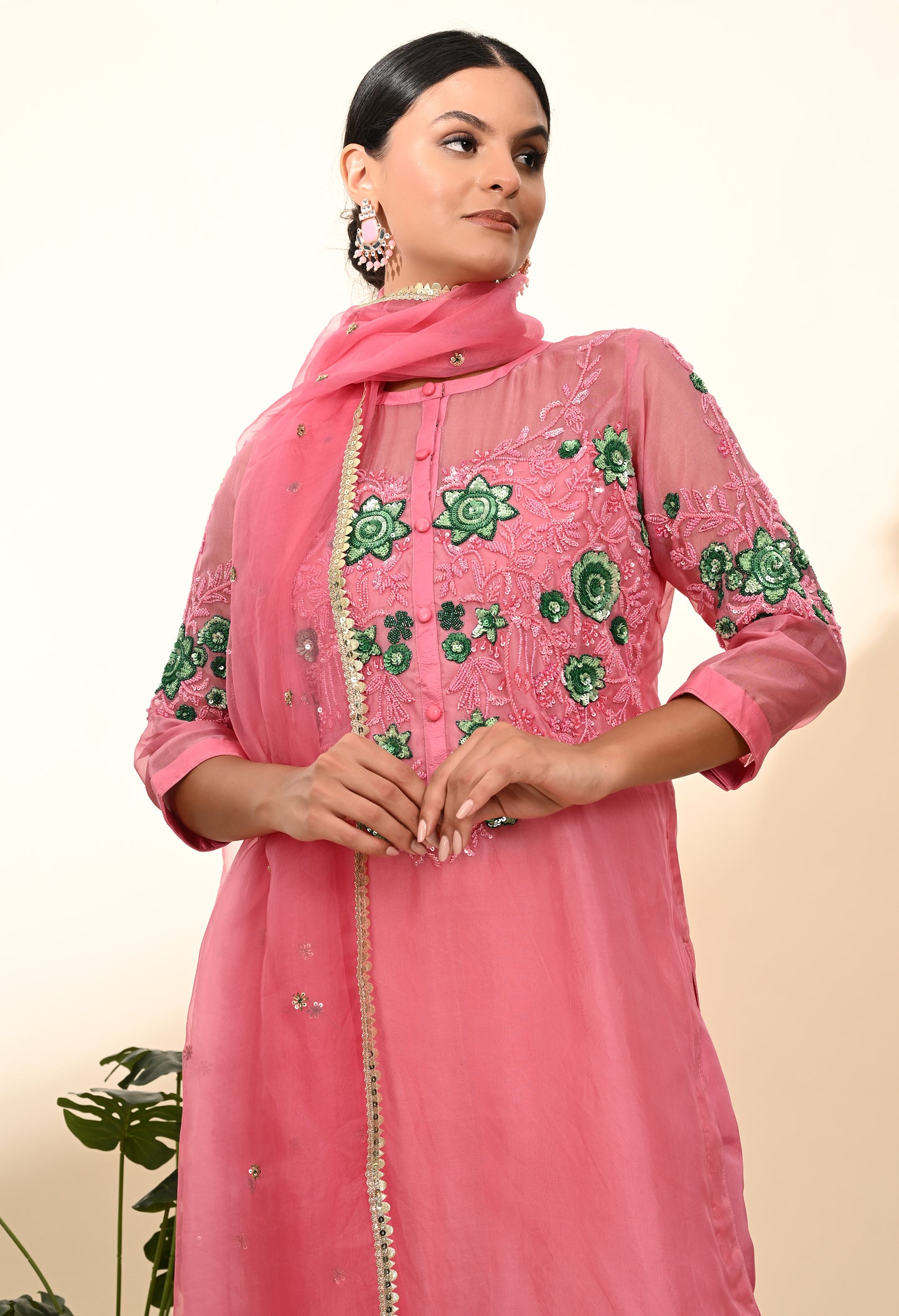 Charming Pink Kurta Set with Sequence and Thread Embroidery