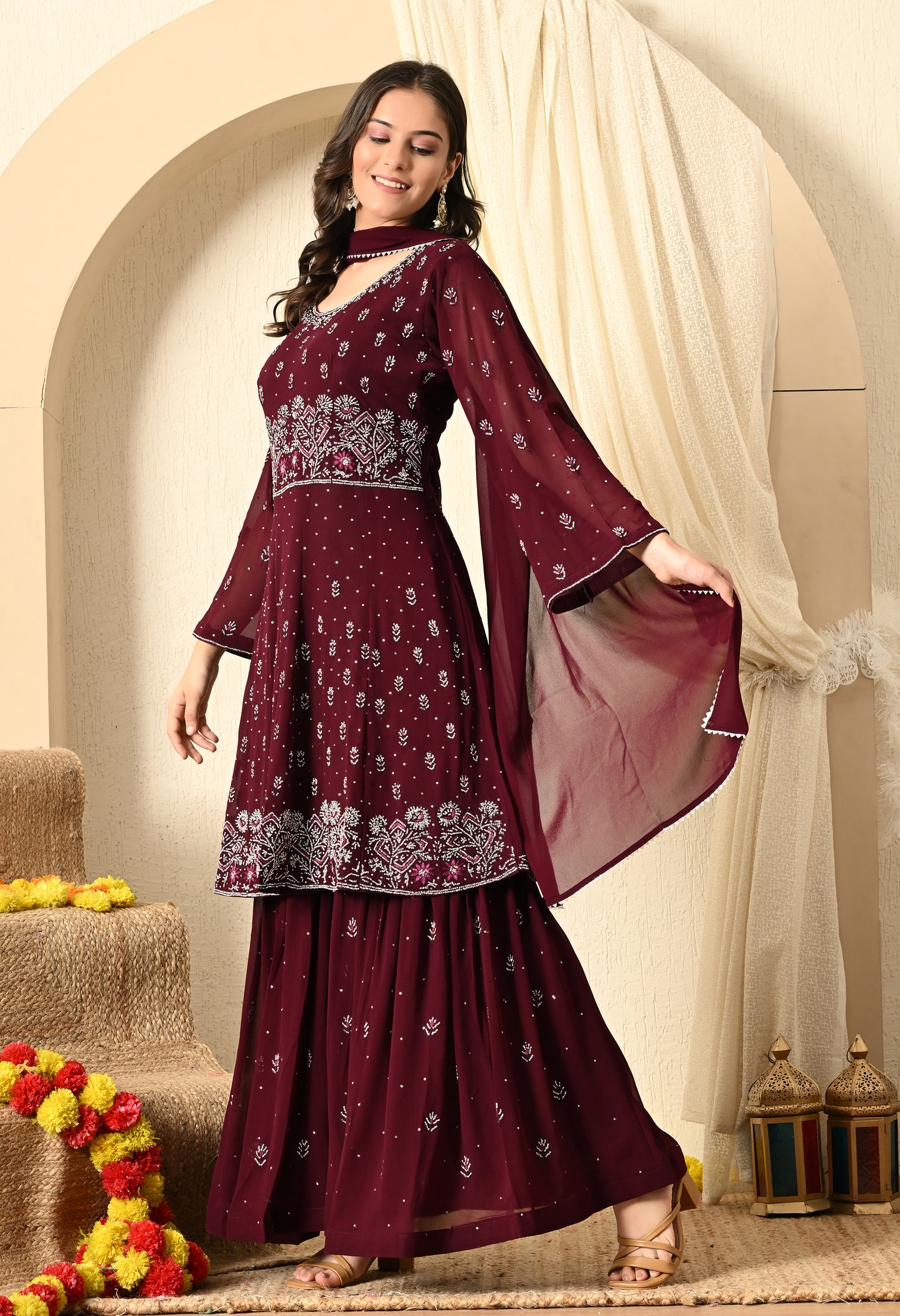 Dark Wine Sharara Set with Thread and Crystal Work