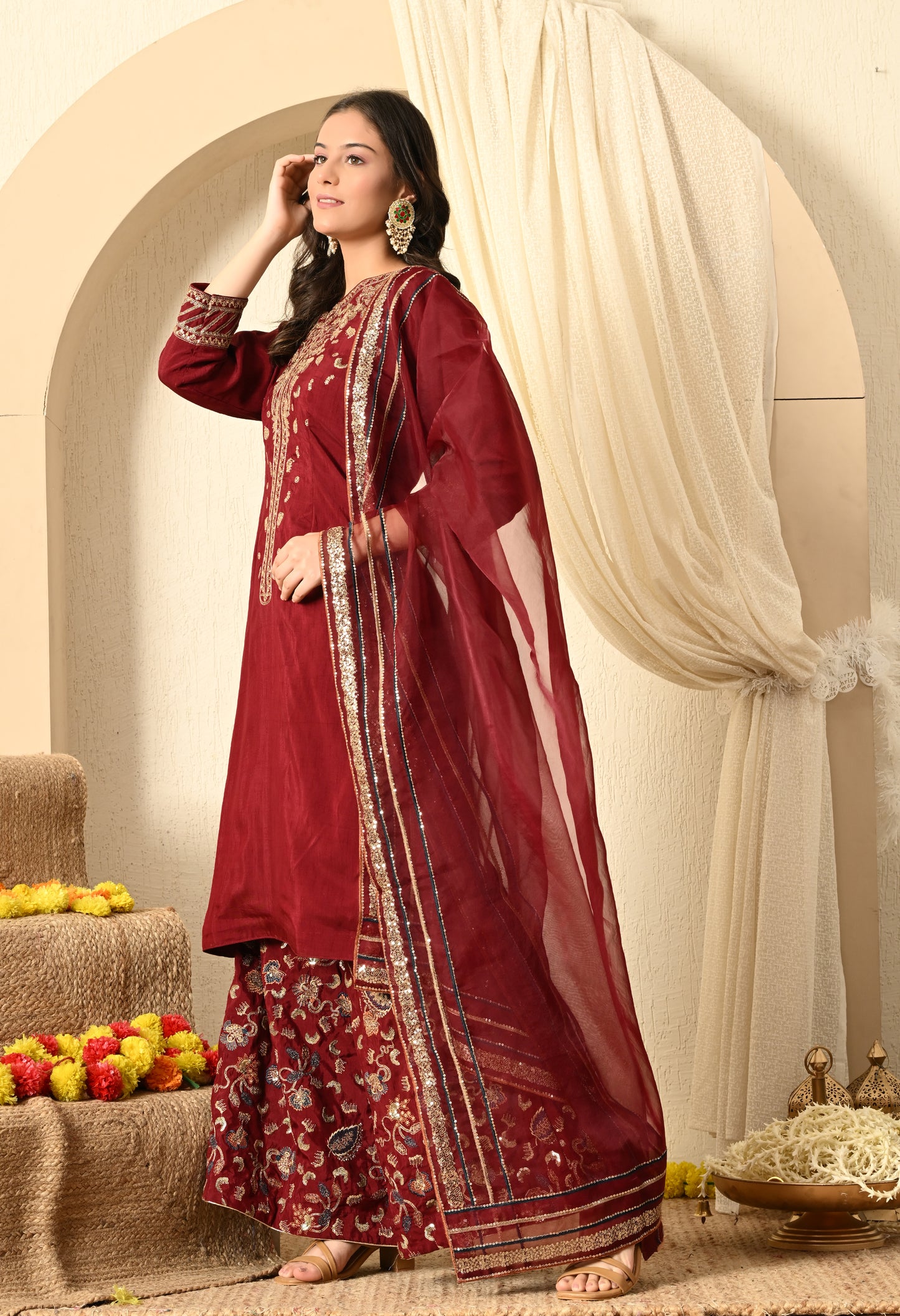 Red Maroon Sharara Set with Thread, Zari, and Sequence Work