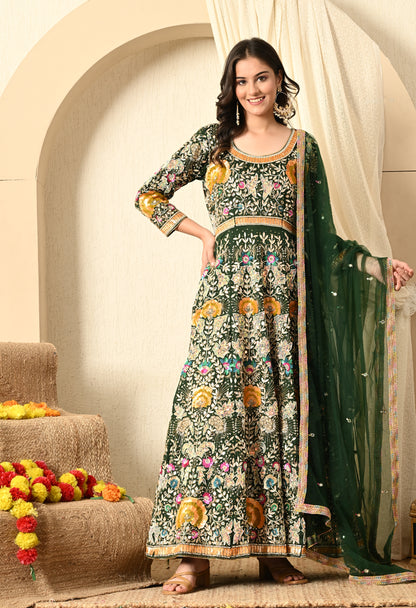 Bottle Green Anarkali with Zardozi, Sippy, Sequence, and Mirror Work