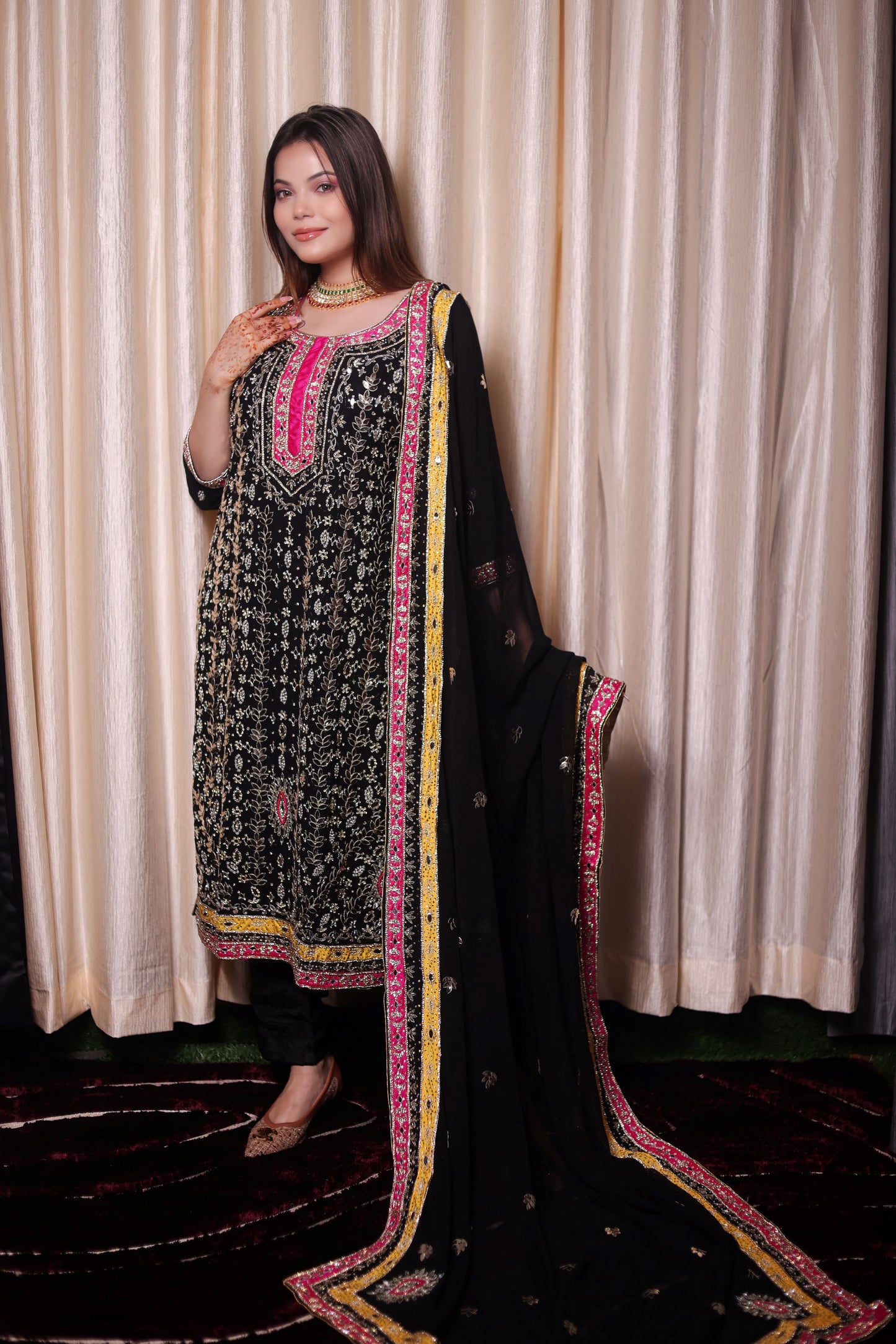 Stunning Black Kurta Set with Beautiful Zardozi, Applique, Leather, and Crystal Work