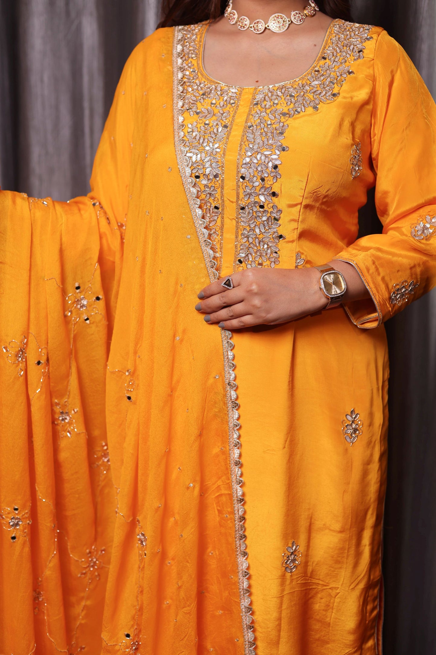 Bright Saffron Yellow Crepe Kurta Set with Zardozi and Gotta Embroidery